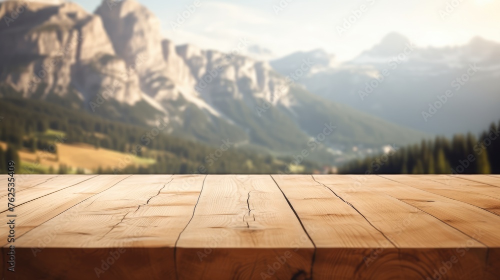 The empty wooden brown table top with blur background of dolomite mountain. Exuberant image. generative AI - obrazy, fototapety, plakaty 