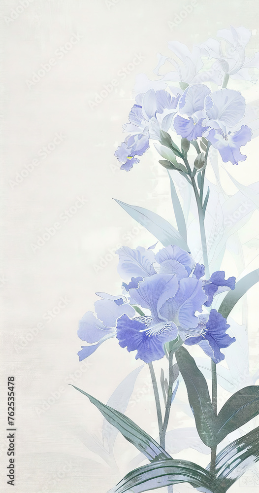 Obraz premium A long vertical poster, with three orchids on the right, adopts Japanese painting style, blue and light purple tones, delicate details of petals and green leaves