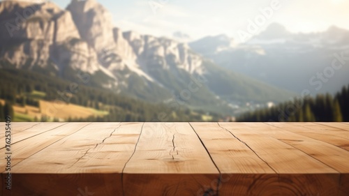 The empty wooden brown table top with blur background of dolomite mountain. Exuberant image. generative AI © Summit Art Creations