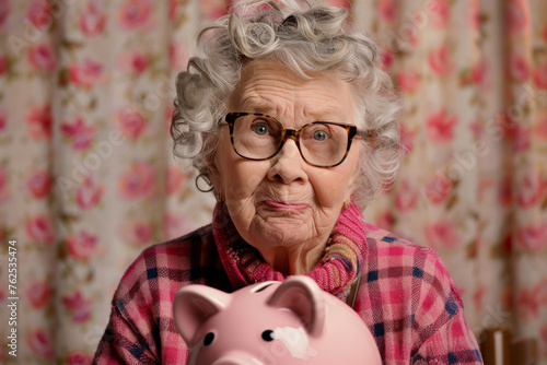 Excited grandma show her piggy bank savings, retirement savings plan concept.