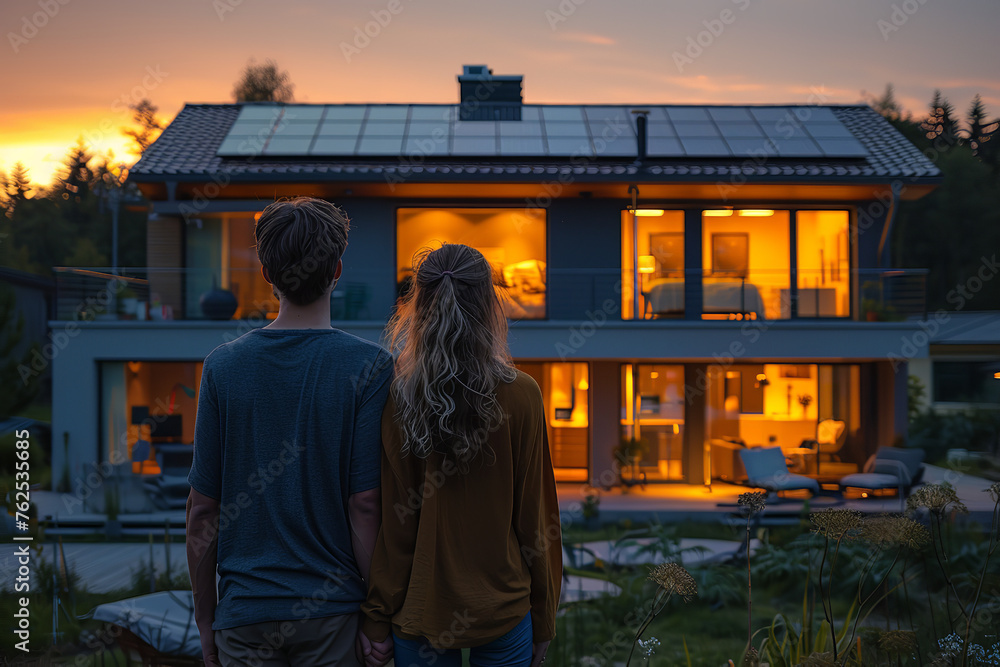 Back view of young couple standing and looking at modern house with solar panels on roof, sunset