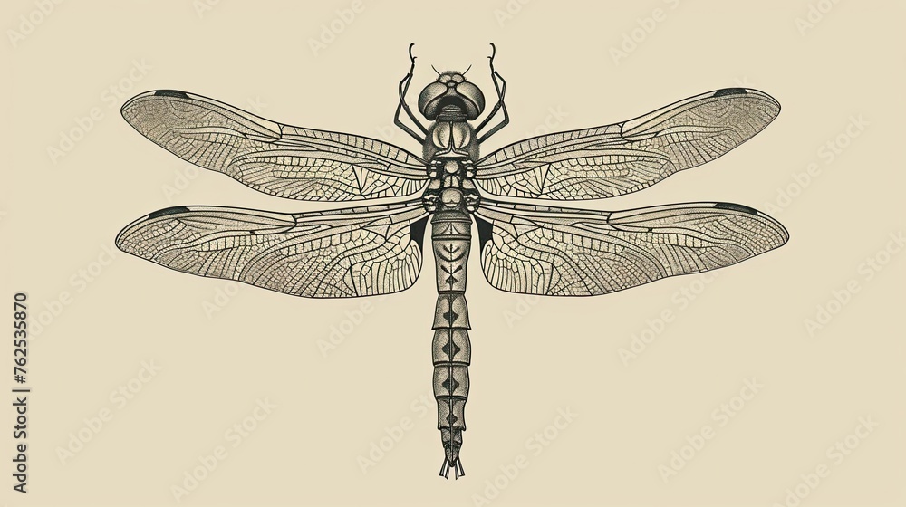 Abstract image of a black dragonfly, on a beige background, hand drawn style, thin lines and shadows, profile, spread wings, insect, transparent, close up. Generative by AI Abstract image of a black dragonfly, on a beige background, hand drawn style, thin lines and shadows, profile, spread wings, insect, transparent, close up. Generative by AI