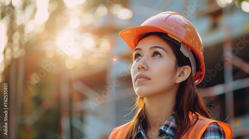 beautiful woman in a hard hat performing inspection at the construction site