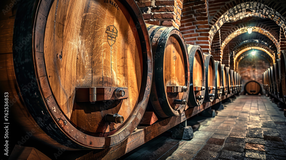 Wine barrels standing in the wine cellar Wine barrels standing in the wine cellar