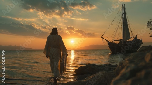 Jesus Christ walking towards the boat in the evening.