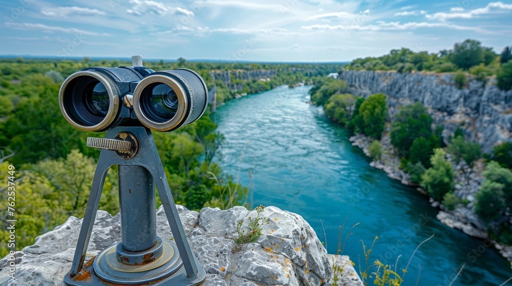 Handicapped Wheelchair Accessible Tourist Binoculars Overlooking a Wide River View