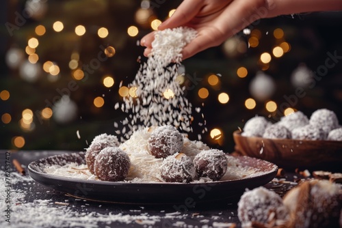 Hand throwing grated coconut shavings onto pile of coconut and chocolate balls on Christmas table and dark background with fir tree decorated with lights. Front view. photo