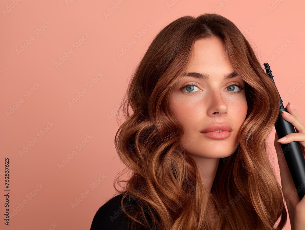 A woman using a curling iron to style her hair into loose waves for a special occasion A woman using a curling iron to style her hair into loose waves for a special occasion