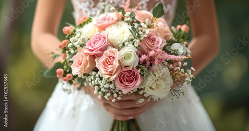 Capturing the Moment a Bride Holds Her Beautiful Pink and White Wedding Bouquet