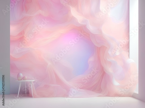 A visually stunning image portrays a mesmerizing studio wall adorned with an array of iridescent organic wavy light pink tulle curtain against a patel gradient wall.