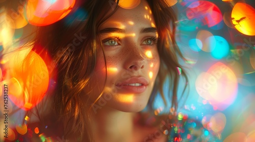 Woman With Blue Eyes Surrounded by Colorful Lights
