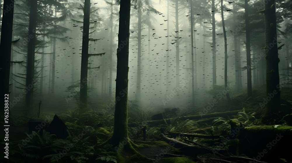 a foggy forest with trees
