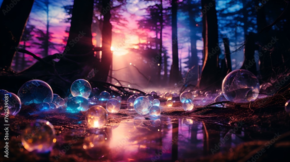 Fototapeta premium A city street illuminated by neon lights on a rainy night