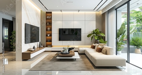 A Spacious Room's Transformation with a White Sofa and TV Unit in a Luxury Modern Living Room Design