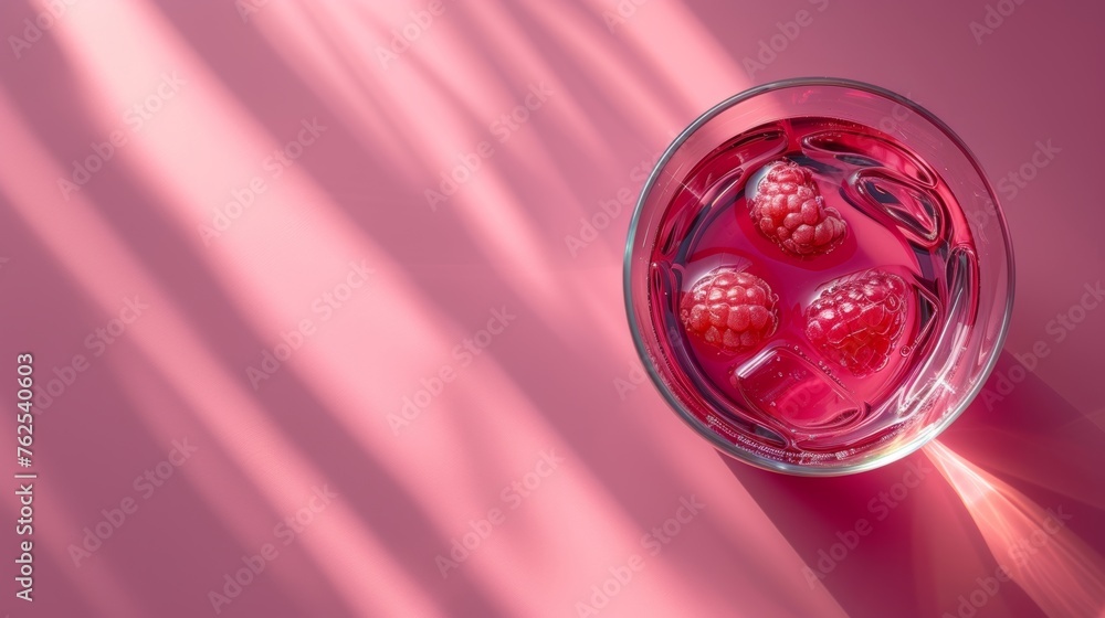 Raspberries in a Glass of Water on a Pink Background Raspberries in a Glass of Water on a Pink Background