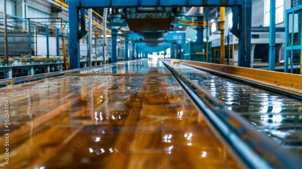 Production line in a factory, showing the process of manufacturing laminate or parquet flooring