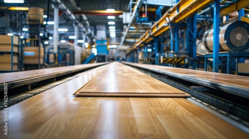 Production line in a factory, showing the process of manufacturing laminate or parquet flooring photo