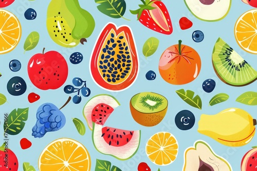 Abstract fruit tropical seamless pattern banner, wallpaper for kids, bright colors over blue background. Wrapping paper for presents, isolated png. Baby linen, clothes and products for children