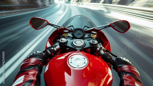 Steering wheel of a red sports motorcycle, conveying the speed and excitement of riding a sports motorcycle © AlfaSmart