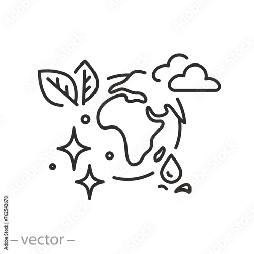 clean planet earth icon, green environment course, global nature protection, future clean world ecology, thin line symbol - editable stroke vector illustration