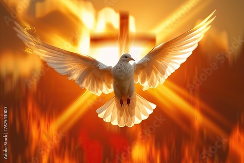 Embodying Divine Grace The Holy Spirit Manifested as a Winged Dove Soaring in Front of a Cross at Sunset, Symbolizing Christian Faith and Hope. © photobuay