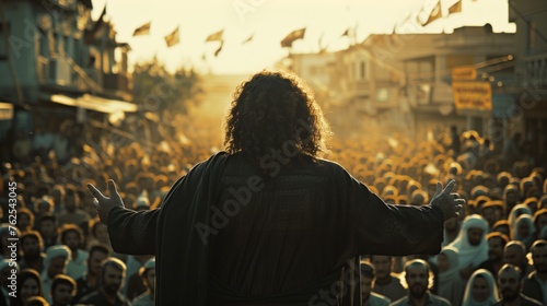 Arab man performing a speech to a crowd in street