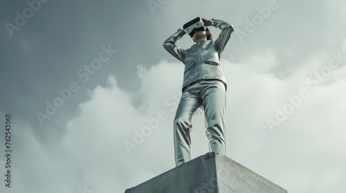 Modern Technophile Standing Atop a Concrete Structure Using Virtual Reality Headset Against Cloudy Sky photo