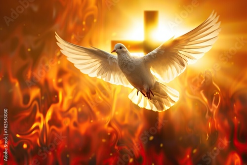 Embodying Divine Grace The Holy Spirit Manifested as a Winged Dove Soaring in Front of a Cross at Sunset, Symbolizing Christian Faith and Hope.
