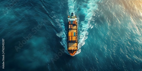 Aerial View of a Cargo Ship at Sea Facilitating Global Trade. Concept Logistics Industry, Maritime Shipping, Global Supply Chain, Aerial Photography, Trade and Commerce