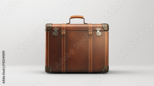 Large vintage - leather suitcase with a handle, standing on a white background
