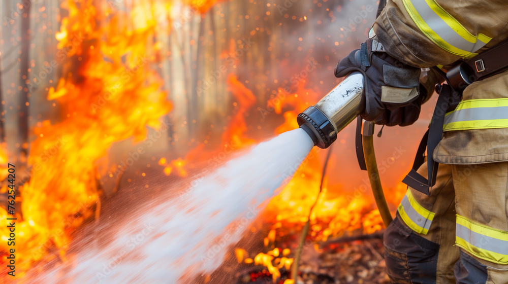 A firefighter holds a fire hose and uses a jet of water to extinguish a burning forest in close-up. Fire Department Day A firefighter holds a fire hose and uses a jet of water to extinguish a burning forest in close-up. Fire Department Day