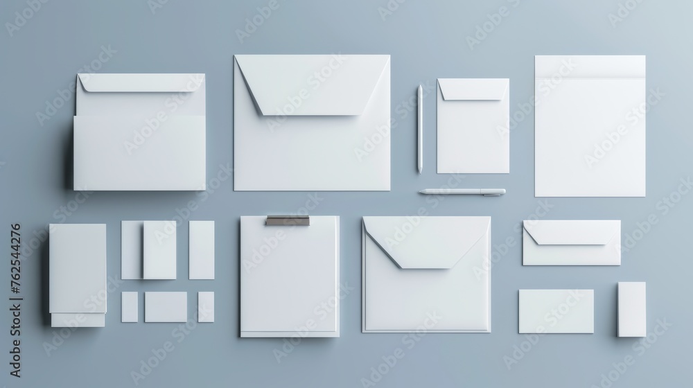 Assorted Blank Stationery Set Neatly Arranged On A Clean Grey Surface Assorted Blank Stationery Set Neatly Arranged On A Clean Grey Surface