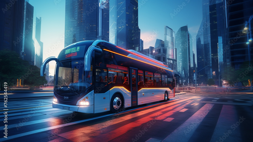 A modern city bus navigating through bustling downtown streets, with skyscrapers and urban scenery in the background.