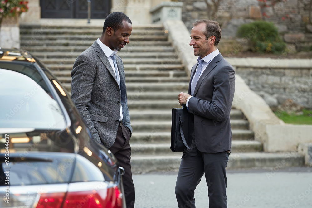 Two business travelers in Suits Standing preparing to leave in their car. Generative AI Two business travelers in Suits Standing preparing to leave in their car. Generative AI