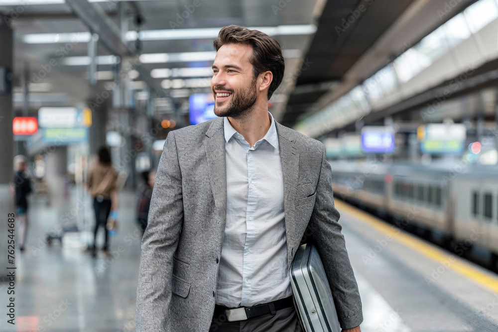 Businessman Walking in Train Station. Generative AI Businessman Walking in Train Station. Generative AI