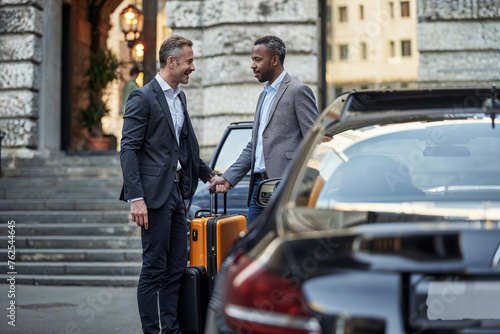 Two businessmen in formal suits standing beside a car, possibly on a business trip or at a hotel.. Generative AI