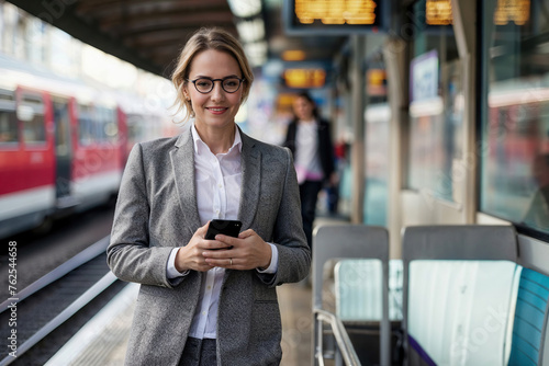 Woman in Business Suit Using Cell Phone at Train Station. Generative AI