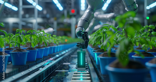 A humanoid robot working in an indoor farm