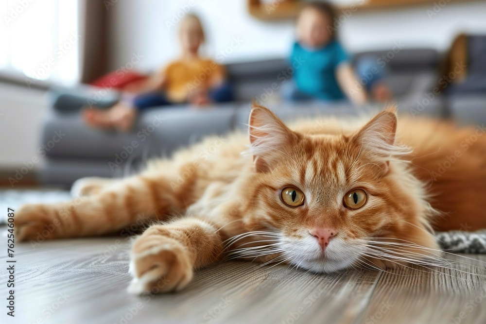 Charming Domestic Cat Lounging on the Floor, Stealing the Spotlight from a Blissful Family of Four Engaged in a Joyful Home Activity