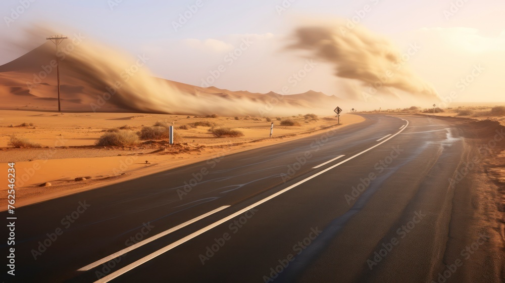 Intense Sandstorm Along the Isolated Desert Road