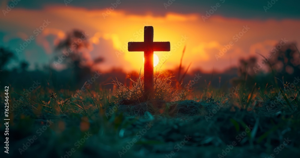 A Tranquil Silhouette of the Christian Cross Set Upon the Morning Grass A Tranquil Silhouette of the Christian Cross Set Upon the Morning Grass