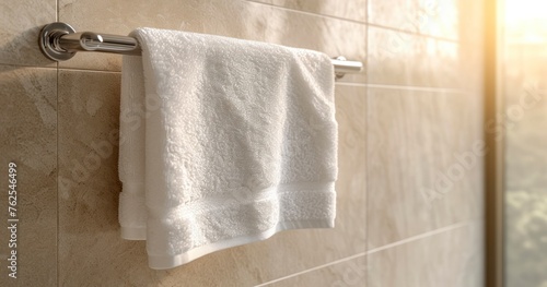 A Clean, White Towel Gracefully Suspended from a Metal Rack in a Chic Bathroom with Beige Tiles