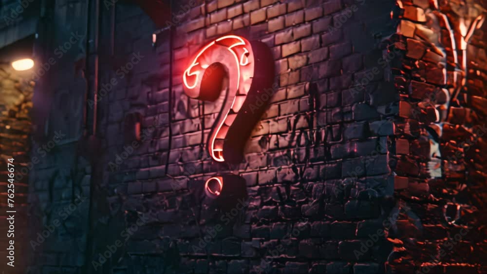 Vidéo Stock Neon question mark on a brick wall. Glowing red neon sign ...