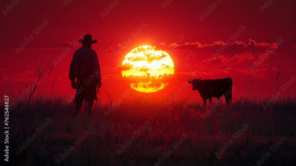 Cowboy Silhouette Against a Vivid Sunset With Cattle on a Western Ranch - obrazy, fototapety, plakaty 