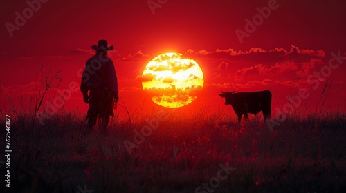 Cowboy Silhouette Against a Vivid Sunset With Cattle on a Western Ranch