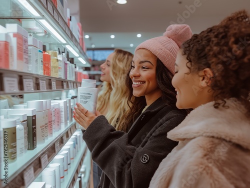 A group of friends shopping for makeup and skincare products at a beauty store