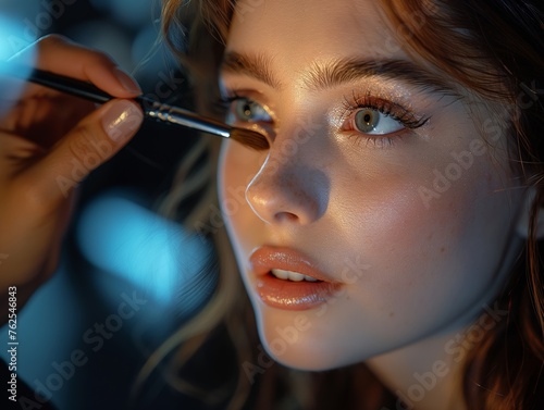 A fashion model getting runway-ready backstage, having makeup applied by a professional