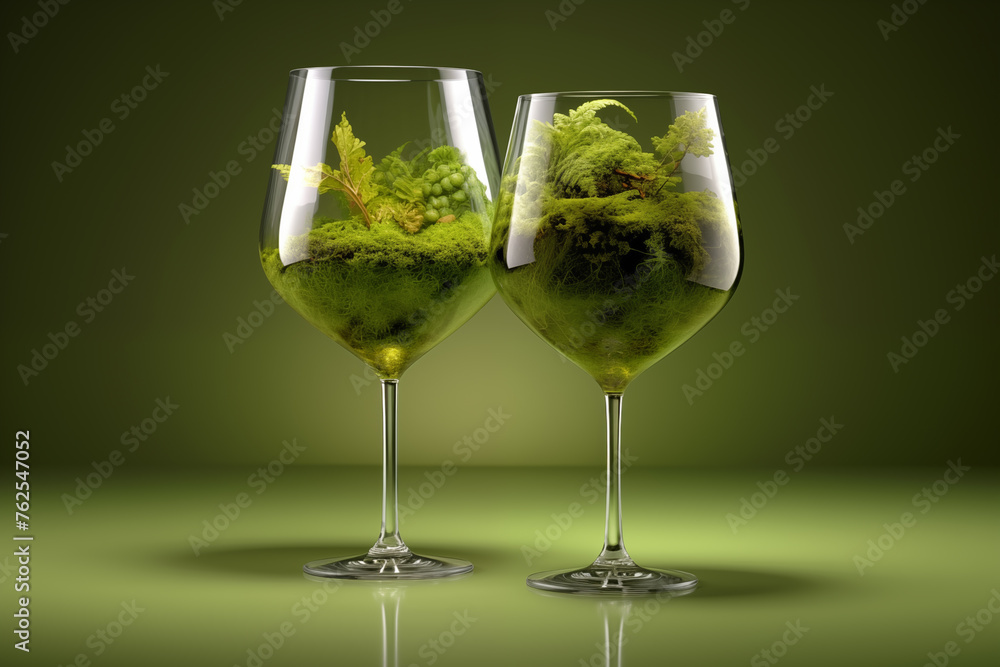 two Glasses containing moss plants two Glasses containing moss plants
