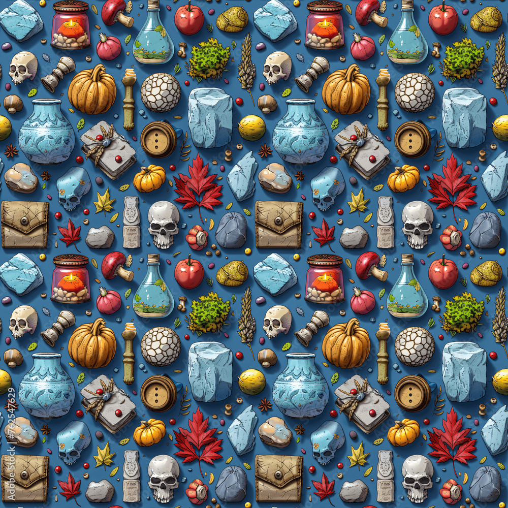 Seamless pattern with skulls, pumpkins, candles, and potions on a blue background.