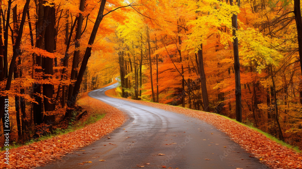 A road through a colorful autumn forest, with the leaves in shades of red, orange, and yellow creating a warm and inviting scene.